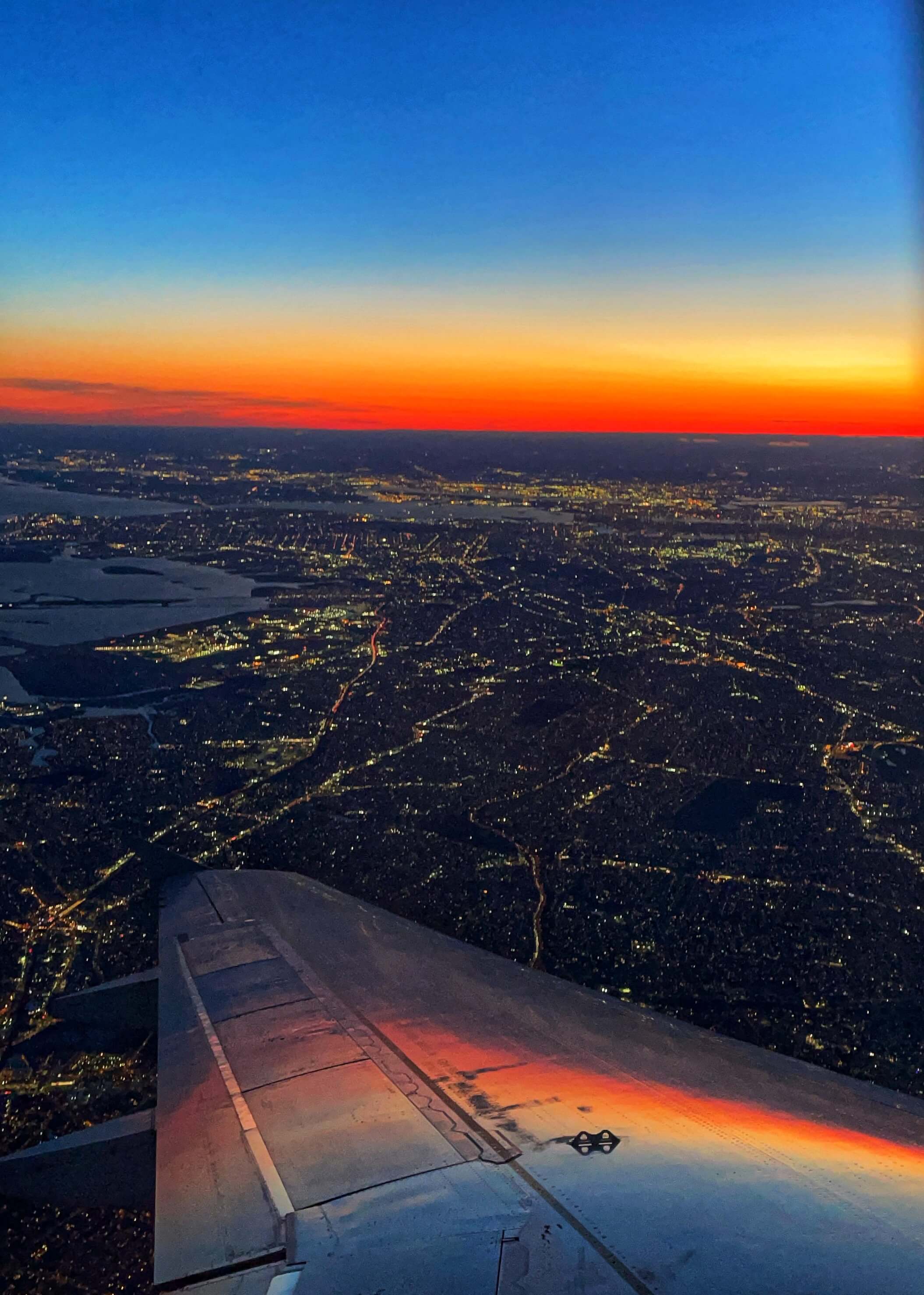 View of New York at dusk from an airplane.